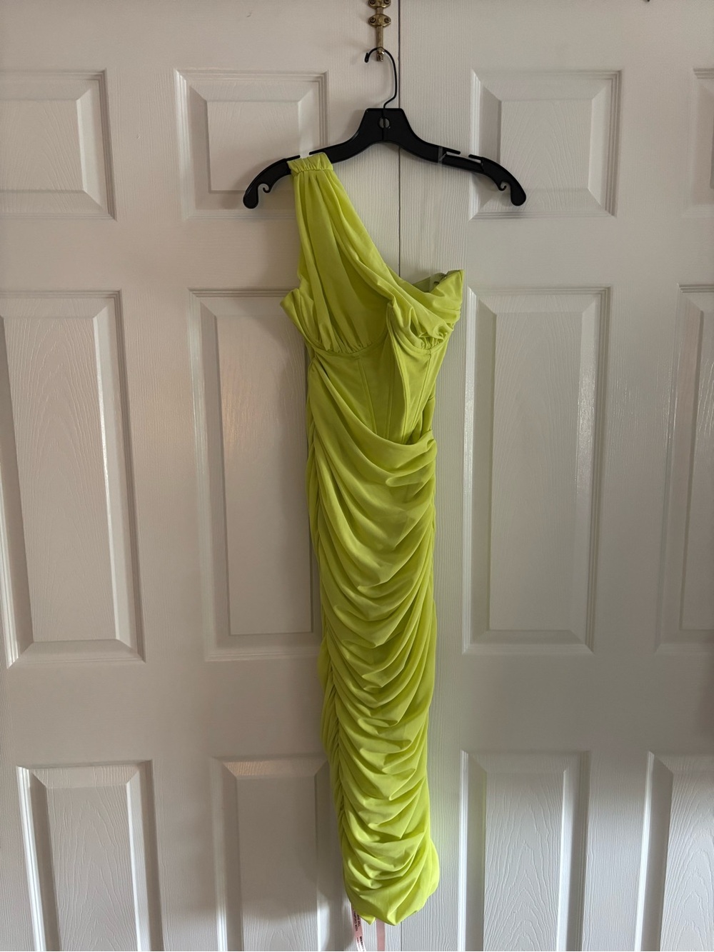 House of CB Lime One-Shoulder Ruched Evening Dress